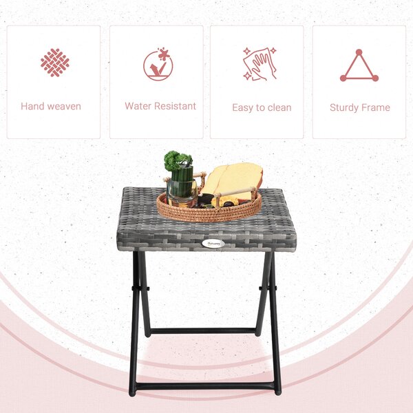 Outsunny Garden Small Folding Square Rattan Coffee Table Bistro Balcony Outdoor Wicker Weave Side Table 40H x 40L x 40Wcm Grey Aosom UK