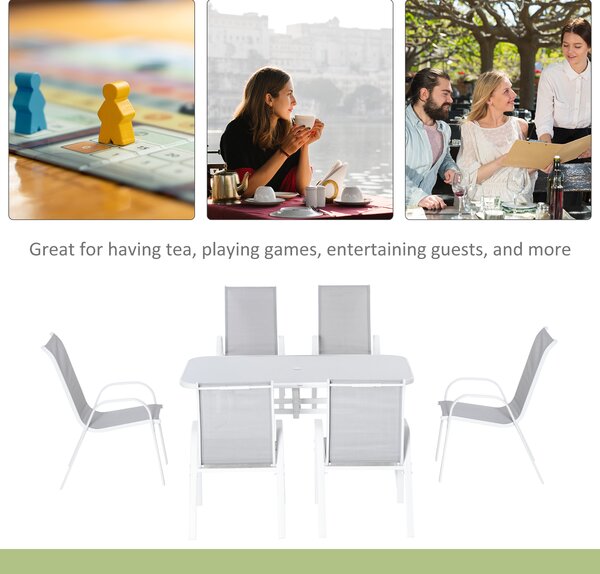 Outsunny 7 Piece Garden Dining Set with Dining Table and Chairs, 6 Seater Outdoor Patio Furniture w/ Parasol Hole for Backyard, Deck and Balcony, Grey