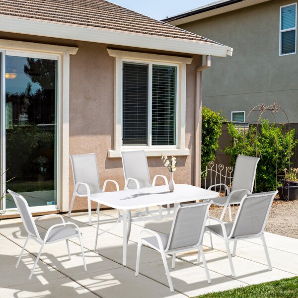 Outsunny 7 Piece Garden Dining Set with Dining Table and Chairs, 6 Seater Outdoor Patio Furniture w/ Parasol Hole for Backyard, Deck and Balcony, Grey