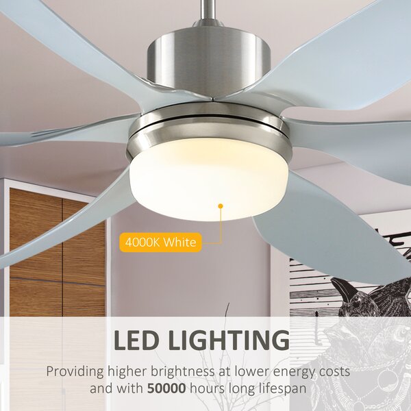HOMCOM Reversible Ceiling Fan with Light, 6 Blades Indoor Modern Mount LED Lighting Fan with Remote Controller, for Bedroom, Silver Aosom UK