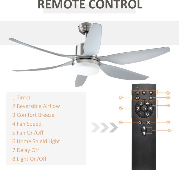 HOMCOM Reversible Ceiling Fan with Light, 6 Blades Indoor Modern Mount LED Lighting Fan with Remote Controller, for Bedroom, Silver Aosom UK