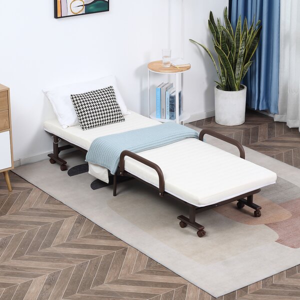 HOMCOM Folding Bed with 8cm Mattress, Portable Foldable Guest Bed with Adjustable Backrest, Metal Frame on Wheels, Brown Aosom UK