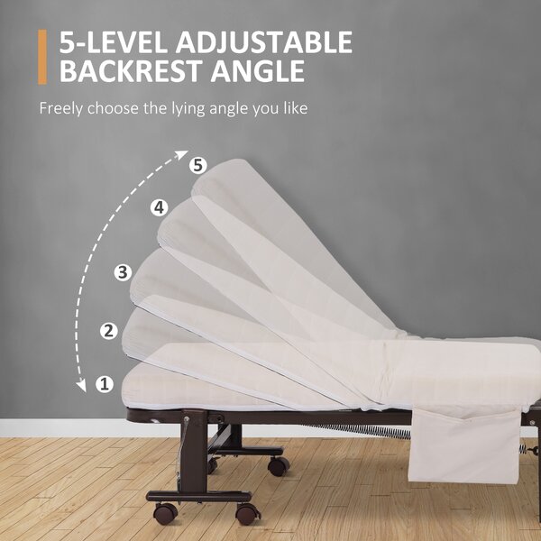HOMCOM Folding Bed with 8cm Mattress, Portable Foldable Guest Bed with Adjustable Backrest, Metal Frame on Wheels, Brown Aosom UK