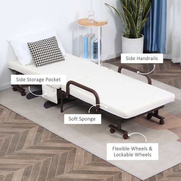 HOMCOM Folding Bed with 8cm Mattress, Portable Foldable Guest Bed with Adjustable Backrest, Metal Frame on Wheels, Brown Aosom UK