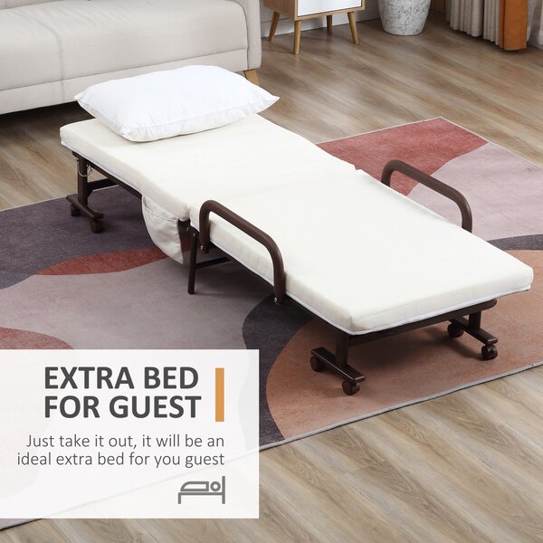 HOMCOM Folding Bed with 8cm Mattress, Portable Foldable Guest Bed with Adjustable Backrest, Metal Frame on Wheels, Brown Aosom UK