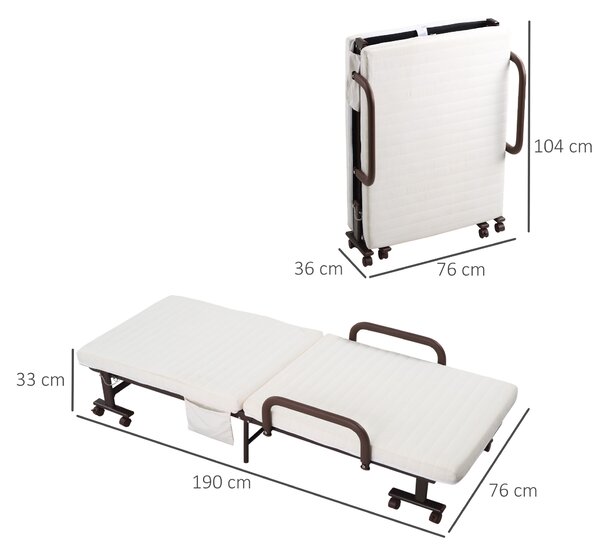HOMCOM Folding Bed with 8cm Mattress, Portable Foldable Guest Bed with Adjustable Backrest, Metal Frame on Wheels, Brown Aosom UK
