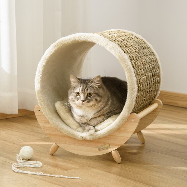 PawHut Elevated Cat House, Kitten Bed with Scratcher, Soft Cushion, Pet Shelter, 41 x 38 x 43 cm, Khaki Aosom UK