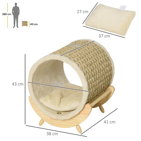 PawHut Elevated Cat House, Kitten Bed with Scratcher, Soft Cushion, Pet Shelter, 41 x 38 x 43 cm, Khaki Aosom UK