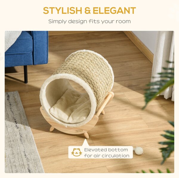 PawHut Elevated Cat House, Kitten Bed with Scratcher, Soft Cushion, Pet Shelter, 41 x 38 x 43 cm, Khaki Aosom UK