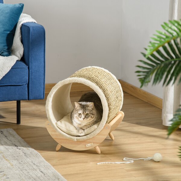 PawHut Elevated Cat House, Kitten Bed with Scratcher, Soft Cushion, Pet Shelter, 41 x 38 x 43 cm, Khaki Aosom UK
