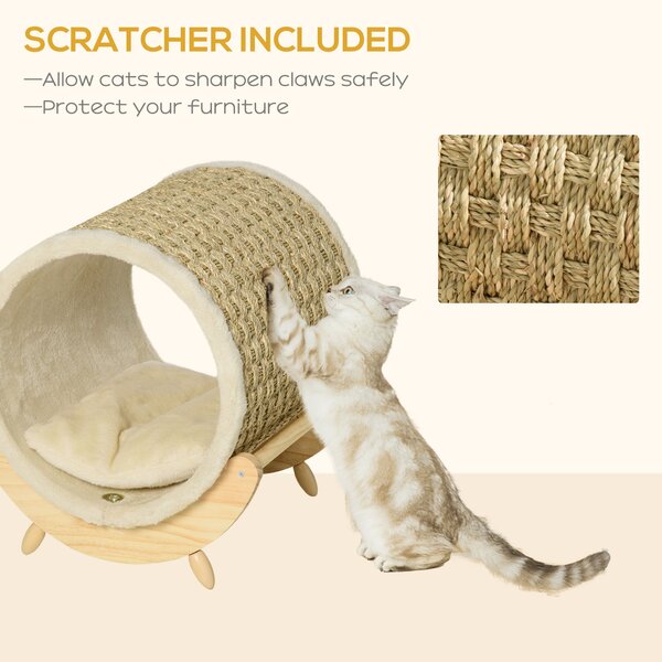 PawHut Elevated Cat House, Kitten Bed with Scratcher, Soft Cushion, Pet Shelter, 41 x 38 x 43 cm, Khaki Aosom UK