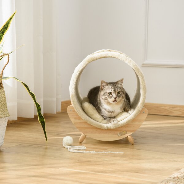 PawHut Elevated Cat House, Kitten Bed with Scratcher, Soft Cushion, Pet Shelter, 41 x 38 x 43 cm, Khaki Aosom UK