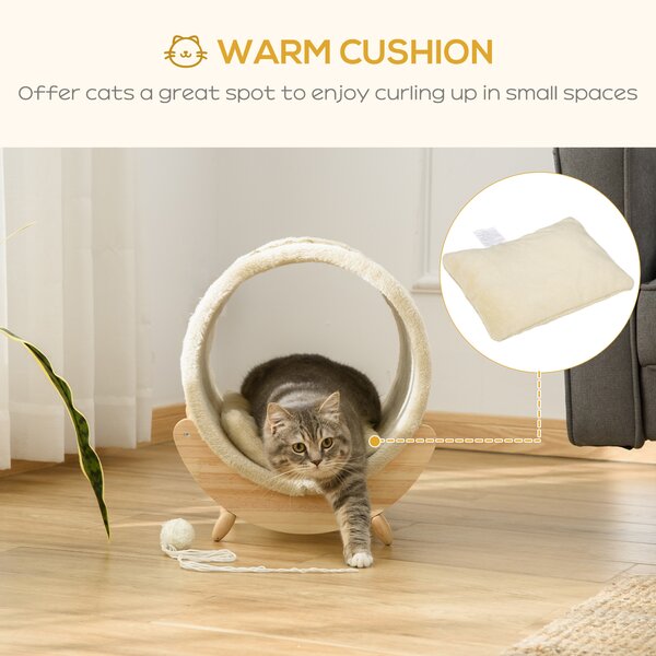 PawHut Elevated Cat House, Kitten Bed with Scratcher, Soft Cushion, Pet Shelter, 41 x 38 x 43 cm, Khaki Aosom UK