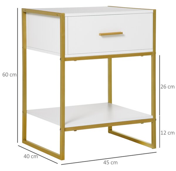 HOMCOM Contemporary Bedside Cabinet with Drawer and Shelf, Chic Storage Organiser for Bedroom or Living Room, White and Gold