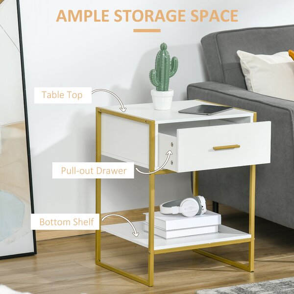 HOMCOM Contemporary Bedside Cabinet with Drawer and Shelf, Chic Storage Organiser for Bedroom or Living Room, White and Gold