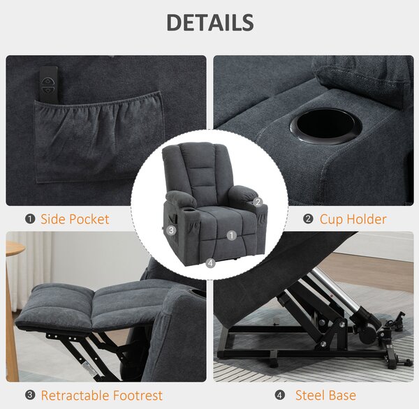 HOMCOM Oversized Riser and Recliner Chairs for the Elderly, Fabric Upholstered Lift for Living Room with Remote Control Side Pockets Cup Holder Grey