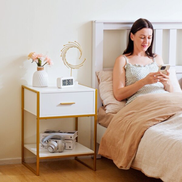 HOMCOM Contemporary Bedside Cabinet with Drawer and Shelf, Chic Storage Organiser for Bedroom or Living Room, White and Gold