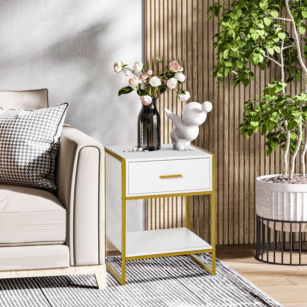 HOMCOM Contemporary Bedside Cabinet with Drawer and Shelf, Chic Storage Organiser for Bedroom or Living Room, White and Gold