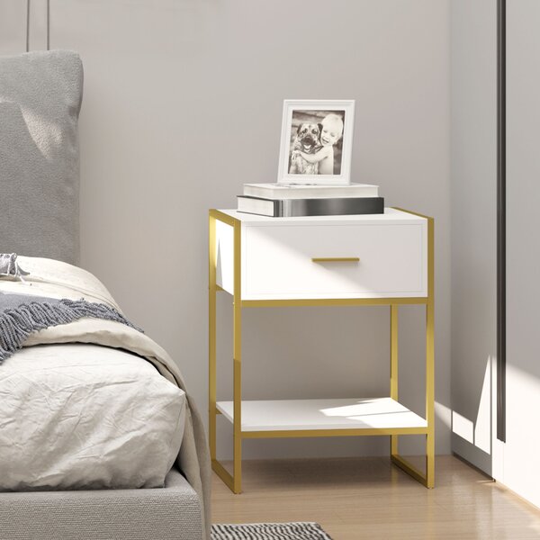 HOMCOM Contemporary Bedside Cabinet with Drawer and Shelf, Chic Storage Organiser for Bedroom or Living Room, White and Gold