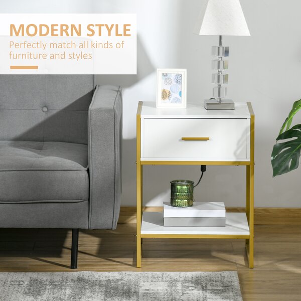 HOMCOM Contemporary Bedside Cabinet with Drawer and Shelf, Chic Storage Organiser for Bedroom or Living Room, White and Gold