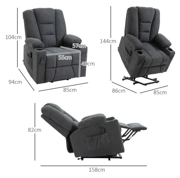 HOMCOM Oversized Riser and Recliner Chairs for the Elderly, Fabric Upholstered Lift for Living Room with Remote Control Side Pockets Cup Holder Grey