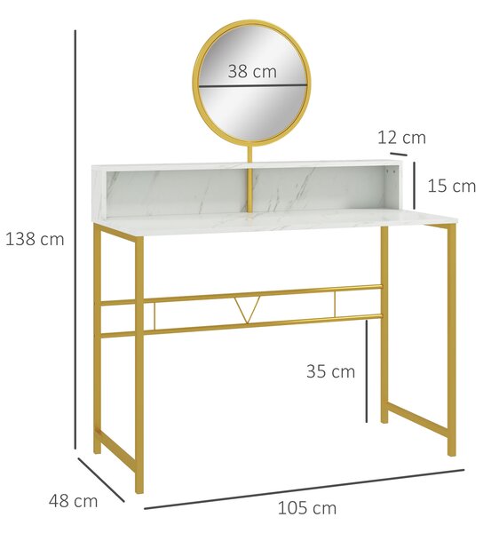 HOMCOM Vanity Dressing Table with Round Mirror, Modern Makeup Desk with Open Storage, Faux Marble & Steel Frame for Bedroom, White Aosom UK