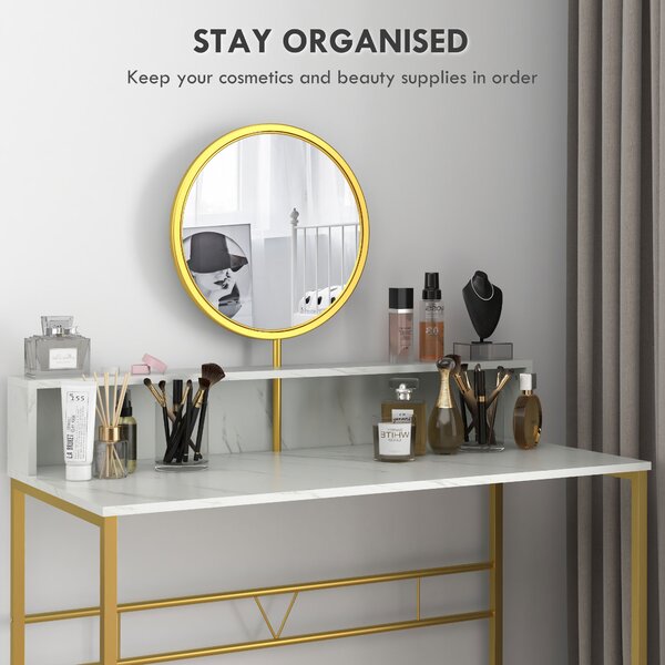 HOMCOM Vanity Dressing Table with Round Mirror, Modern Makeup Desk with Open Storage, Faux Marble & Steel Frame for Bedroom, White Aosom UK