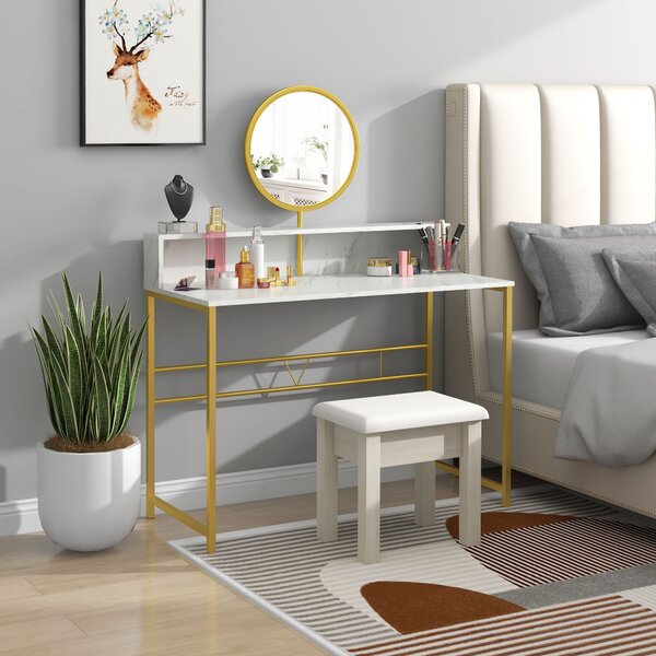 HOMCOM Vanity Dressing Table with Round Mirror, Modern Makeup Desk with Open Storage, Faux Marble & Steel Frame for Bedroom, White Aosom UK