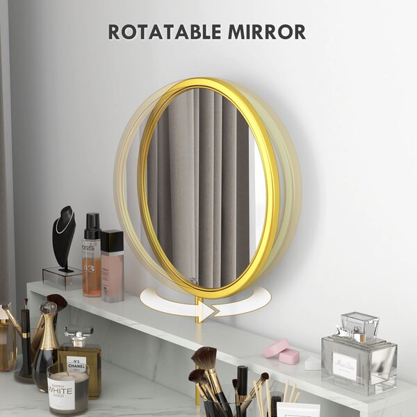 HOMCOM Vanity Dressing Table with Round Mirror, Modern Makeup Desk with Open Storage, Faux Marble & Steel Frame for Bedroom, White Aosom UK
