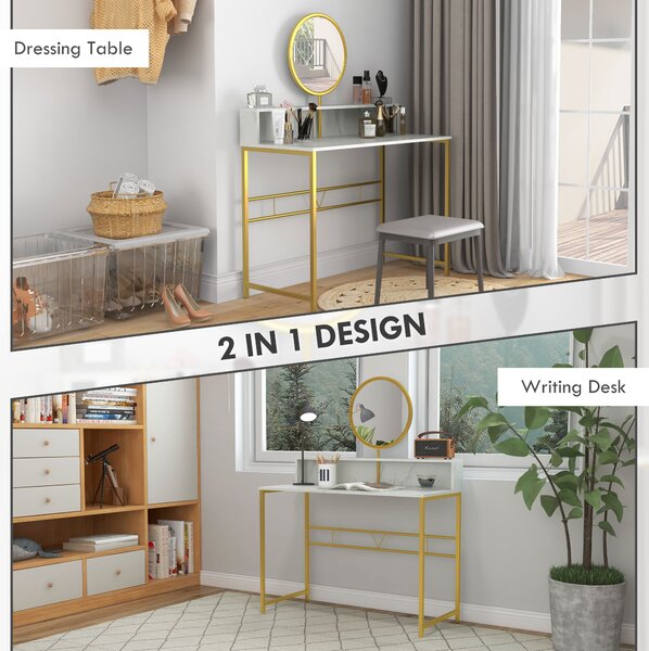 HOMCOM Vanity Dressing Table with Round Mirror, Modern Makeup Desk with Open Storage, Faux Marble & Steel Frame for Bedroom, White Aosom UK
