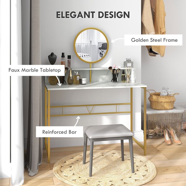 HOMCOM Vanity Dressing Table with Round Mirror, Modern Makeup Desk with Open Storage, Faux Marble & Steel Frame for Bedroom, White Aosom UK
