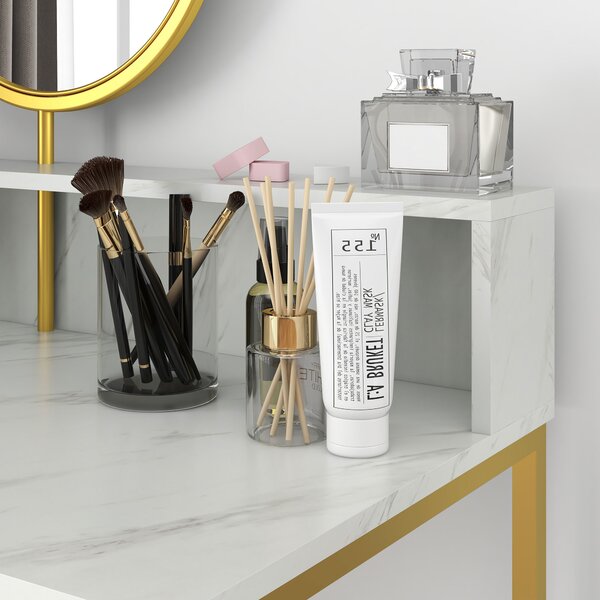 HOMCOM Vanity Dressing Table with Round Mirror, Modern Makeup Desk with Open Storage, Faux Marble & Steel Frame for Bedroom, White Aosom UK