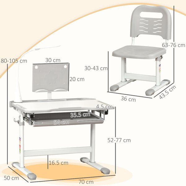 HOMCOM Children's Study Desk Set: USB Lamp, Storage Drawer, Activity Table for Arts & Crafts, Grey & White Aosom UK
