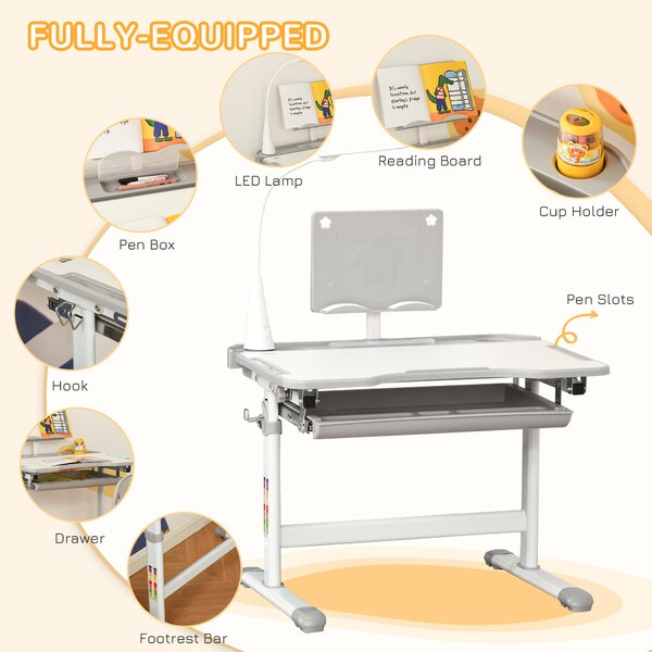 HOMCOM Children's Study Desk Set: USB Lamp, Storage Drawer, Activity Table for Arts & Crafts, Grey & White Aosom UK