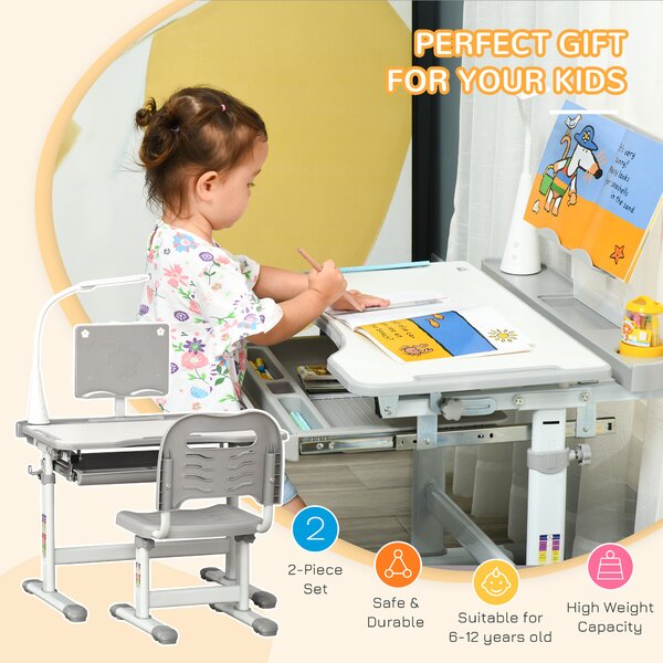 HOMCOM Children's Study Desk Set: USB Lamp, Storage Drawer, Activity Table for Arts & Crafts, Grey & White Aosom UK
