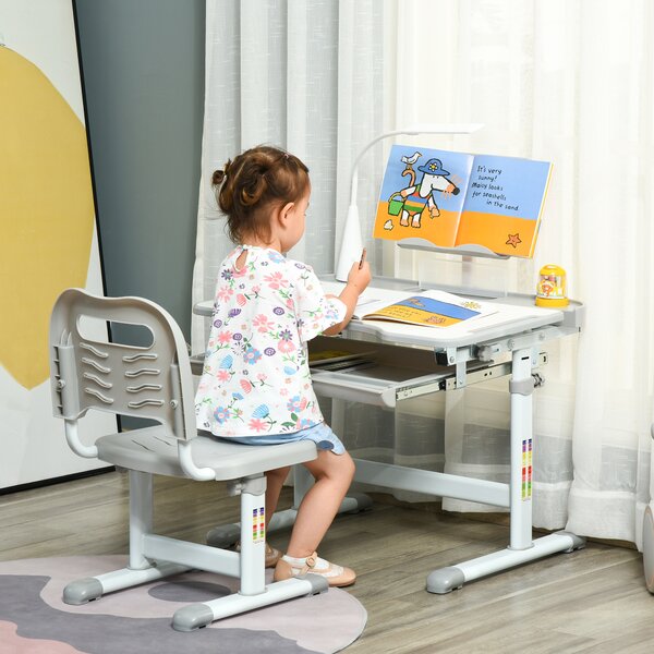 HOMCOM Children's Study Desk Set: USB Lamp, Storage Drawer, Activity Table for Arts & Crafts, Grey & White Aosom UK