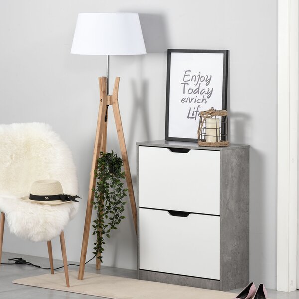 HOMCOM Wooden Shoe Cabinet Small Shoe Cabinet Shoe Rack Wooden with 4 Adjustable Shelves in 2 Drawers, Anti-Tipping, Grey Aosom UK