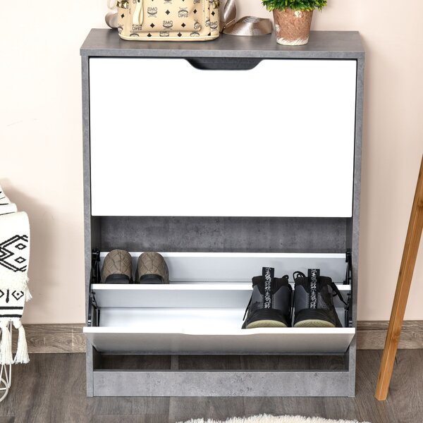 HOMCOM Wooden Shoe Cabinet Small Shoe Cabinet Shoe Rack Wooden with 4 Adjustable Shelves in 2 Drawers, Anti-Tipping, Grey Aosom UK