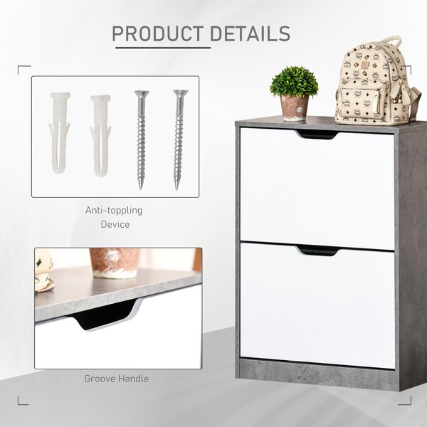 HOMCOM Wooden Shoe Cabinet Small Shoe Cabinet Shoe Rack Wooden with 4 Adjustable Shelves in 2 Drawers, Anti-Tipping, Grey Aosom UK