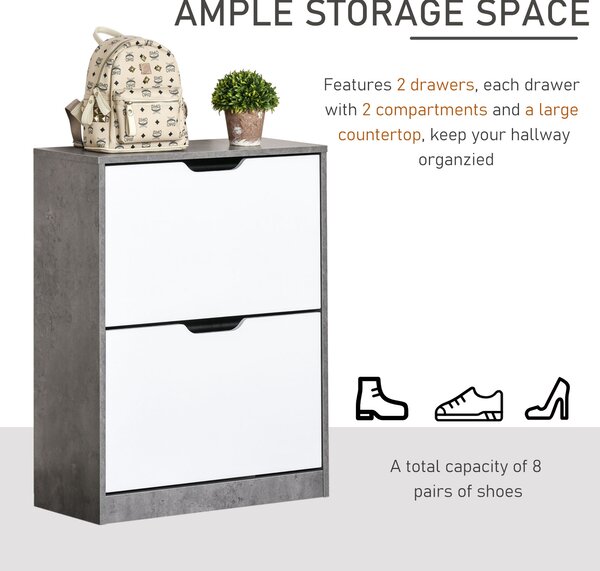 HOMCOM Wooden Shoe Cabinet Small Shoe Cabinet Shoe Rack Wooden with 4 Adjustable Shelves in 2 Drawers, Anti-Tipping, Grey Aosom UK