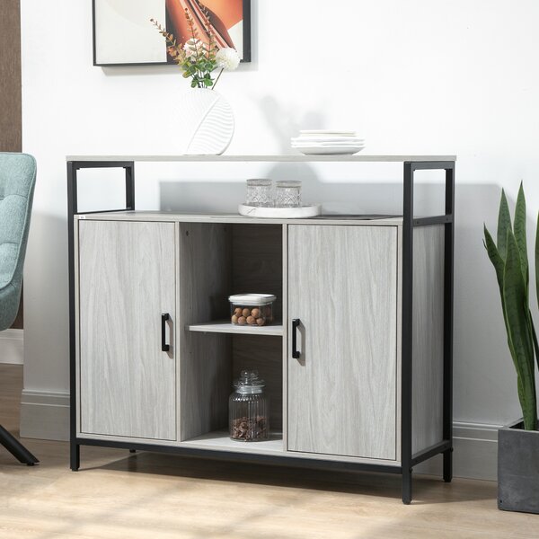 HOMCOM Kitchen Storage Cabinets, Contemporary Style, Steel-Framed, Living room sideboard with Adjustable Shelves & 2 Doors, Light Grey Aosom UK