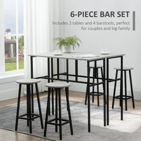 HOMCOM Bar Table and Stools, 2 Breakfast Tables with 4 Stools, Counter Height Dining Tables & Chairs for Kitchen, Living Room, Grey Aosom UK