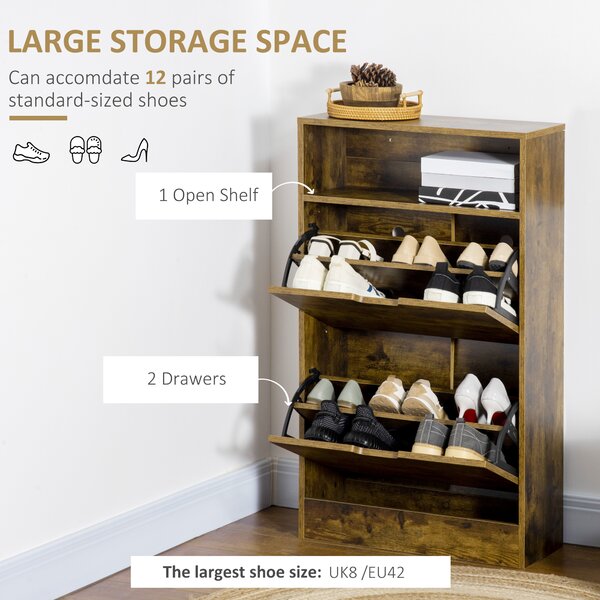 HOMCOM Slim Shoe Cabinet with 2 Flip Doors, 2-Drawer Storage Cupboard, Adjustable Divider, Rustic Brown Aosom UK