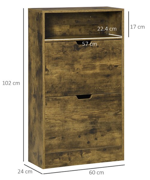 HOMCOM Slim Shoe Cabinet with 2 Flip Doors, 2-Drawer Storage Cupboard, Adjustable Divider, Rustic Brown Aosom UK