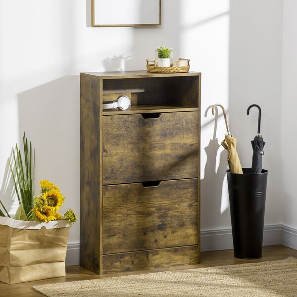 HOMCOM Slim Shoe Cabinet with 2 Flip Doors, 2-Drawer Storage Cupboard, Adjustable Divider, Rustic Brown Aosom UK