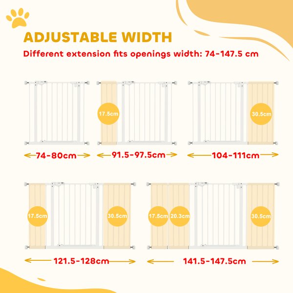 PawHut Pet Gate: Adjustable Pressure Fit with Auto-Close Door for Furry Friends, 74-148cm Wide, Pristine White Aosom UK
