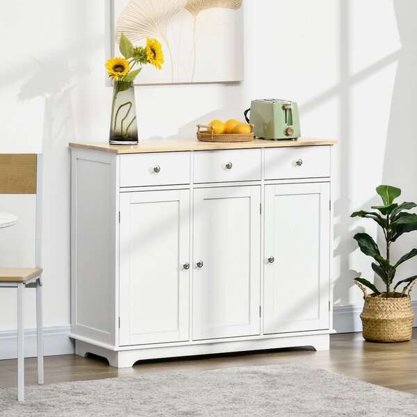 HOMCOM Modern Sideboard with Rubberwood Top, Buffet Cabinet with Storage Cabinets, Drawers and Adjustable Shelves for Living Room, White Aosom UK