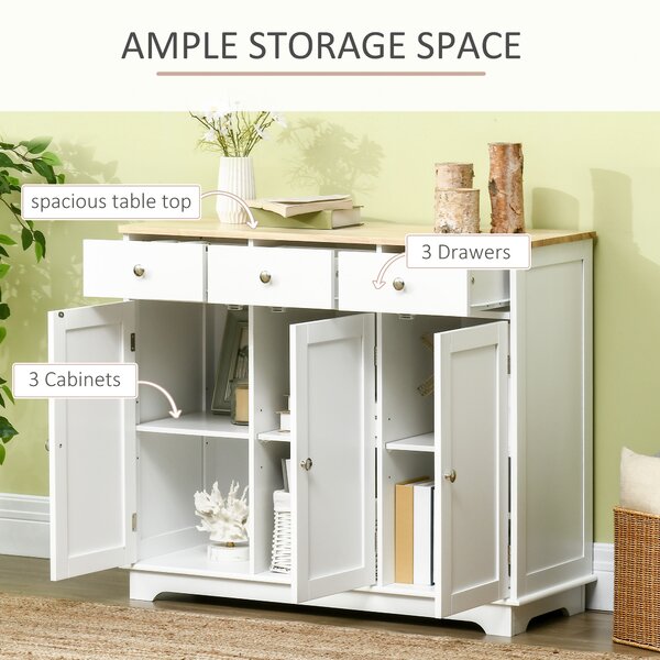 HOMCOM Modern Sideboard with Rubberwood Top, Buffet Cabinet with Storage Cabinets, Drawers and Adjustable Shelves for Living Room, White Aosom UK