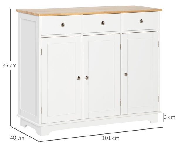 HOMCOM Modern Sideboard with Rubberwood Top, Buffet Cabinet with Storage Cabinets, Drawers and Adjustable Shelves for Living Room, White Aosom UK