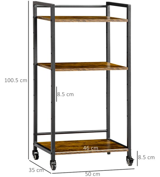 HOMCOM 3-Tier Printer Stand, Utility Cart, Rolling Trolley with Adjustable Shelves with Lockable Wheels for Home Office, Rustic Brown
